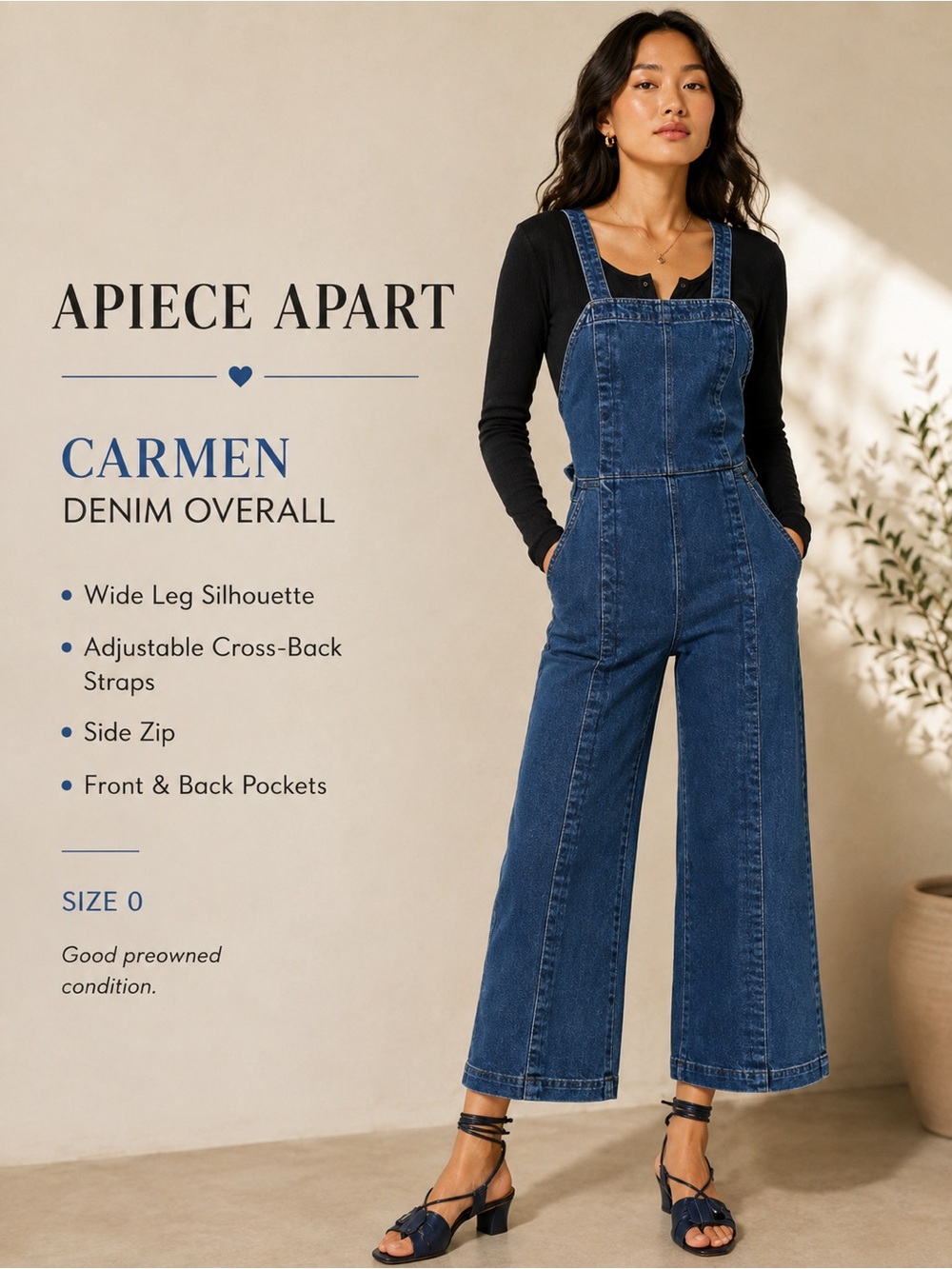 Apiece Apart Carmen Denim Overalls Size 0 Blue Wide Leg Cross Back Jumpsuit
